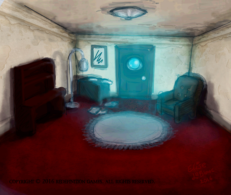 A small cosy room that has a door with a creepy glowing eye. What is it for?!