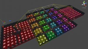 Maze like series of rooms. The lines and colors are used to determine what difficulty level obstacles and challenges are likely to be placed in those rooms. (WIP)